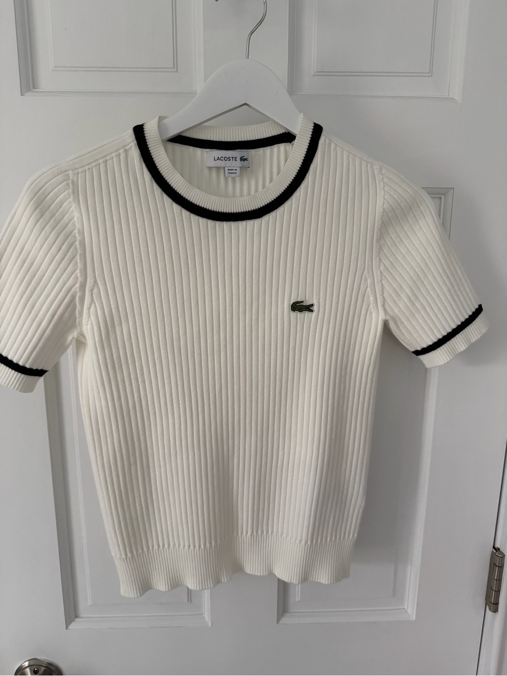 Lacoste White Ribbed Crewneck Top with Black Trim